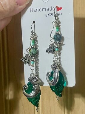 Handmade Silver Lizard Green Beaded Earrings